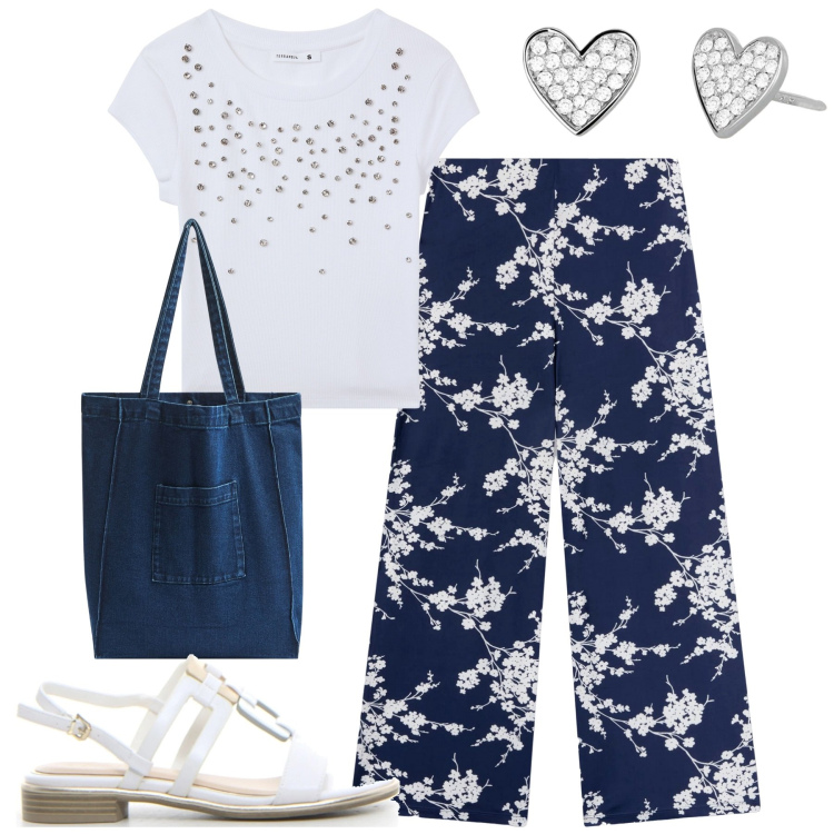 Outfit donna - City. Stile Urban per Tutti i giorni. Abbinamento con pantaloni, t-shirt, shopping bag, orecchini, sandali.
