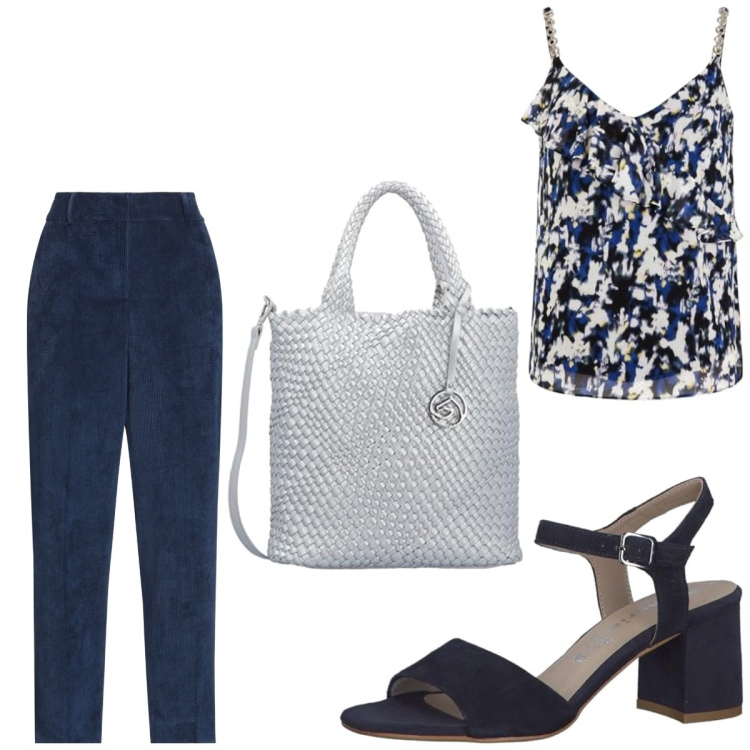 Outfit femme - Casual chic #11153. Style Casual chic pour Soirée dehors. Assortir avec hauts, pantalon , sandales à talon, sacs à main.