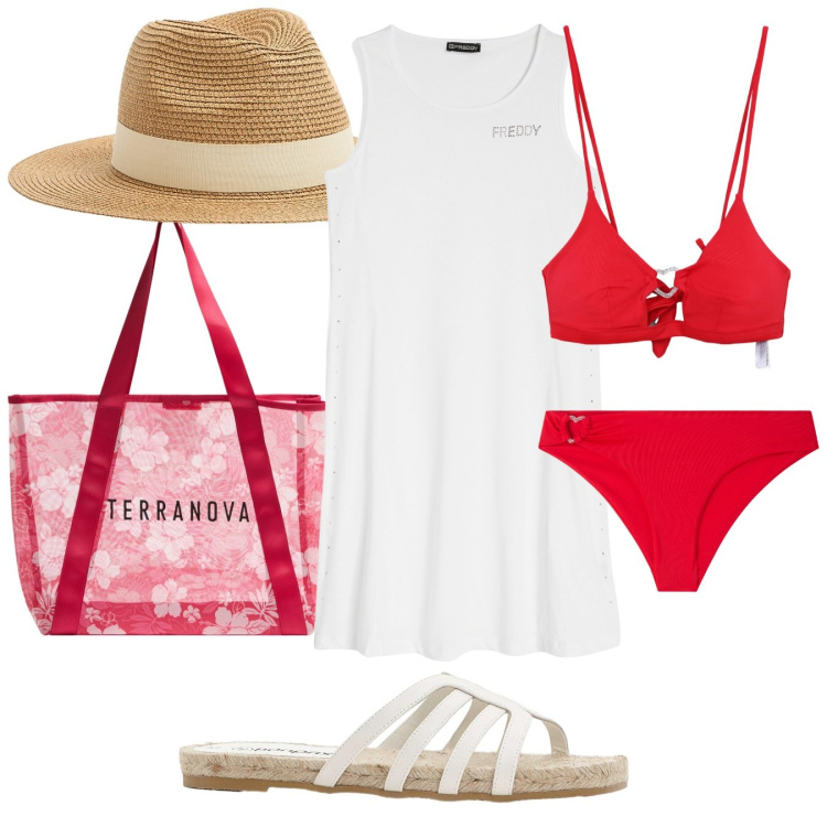 Outfit donna - Costume rosso. Stile Casual per Mare. Abbinamento con ciabatte, cappelli, shopping bag, bikini, bikini, vestiti senza maniche.