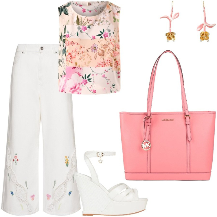 Outfit donna - Aperitivi. Stile Romantica per Serata fuori. Abbinamento con sandali in pelle, orecchini, borse a spalla, top, pantaloni.