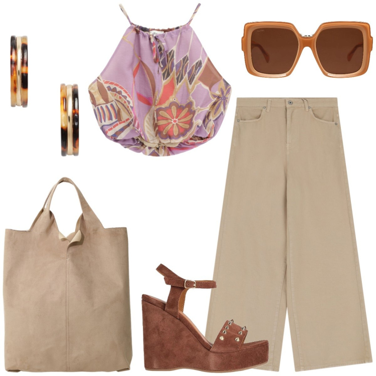 Outfit donna - Il jeans chiaro. Stile Casual chic per Tutti i giorni. Abbinamento con occhiali da sole, sandali in pelle, top, jeans, shopping bag, orecchini.