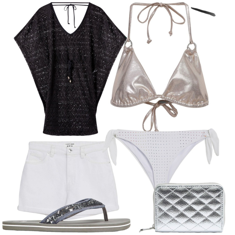 Outfit donna - Costume mare argento. Stile Casual chic per Mare. Abbinamento con infradito, shorts, vestiti da spiaggia, portafogli, bikini, bikini.
