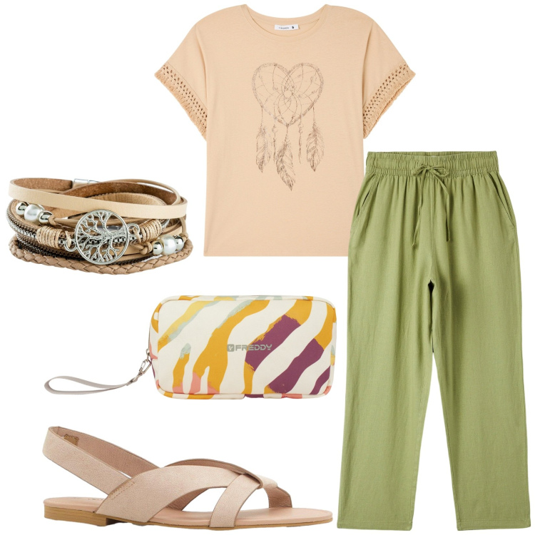 Outfit donna - Semplice e comoda. Stile Casual per Tutti i giorni. Abbinamento con braccialetti, sandali, t-shirt, pantaloni, valigie.