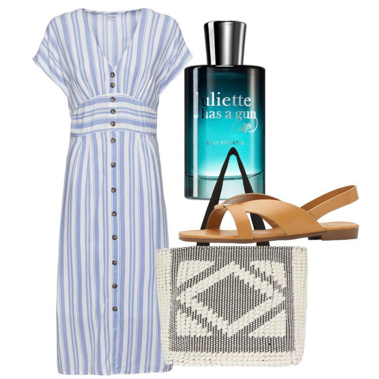 Outfit donna - Giugno. Stile Bon Ton per Tutti i giorni. Abbinamento con sandali, vestiti, profumi, shopping bag.