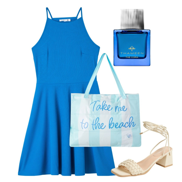 Outfit donna - Azzurro giugno. Stile Bon Ton per Tutti i giorni. Abbinamento con profumi, borse tote, vestiti corti, sandali alla schiava.