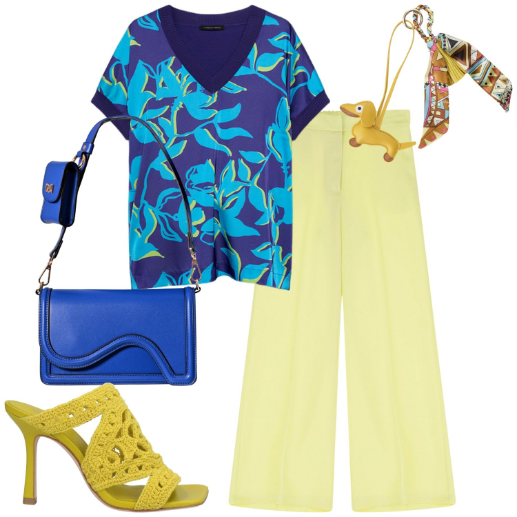 Outfit donna - City. Stile Urban per Tutti i giorni. Abbinamento con sandali in pelle, pochette, pantaloni, portachiavi, bluse.