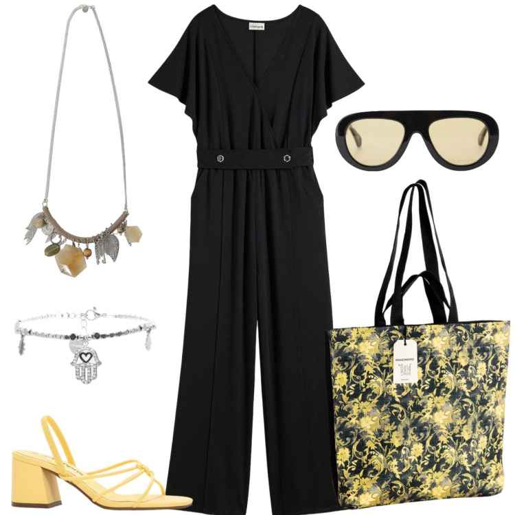Outfit donna - In città. Stile Casual chic per Tutti i giorni. Abbinamento con sandali col tacco, tute, borse tote, occhiali da sole, braccialetti, collane.