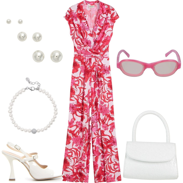 Outfit donna - Pranzo in città. Stile Chic per Tutti i giorni. Abbinamento con tute, borse a mano, braccialetti, orecchini, sandali col tacco, occhiali da sole.