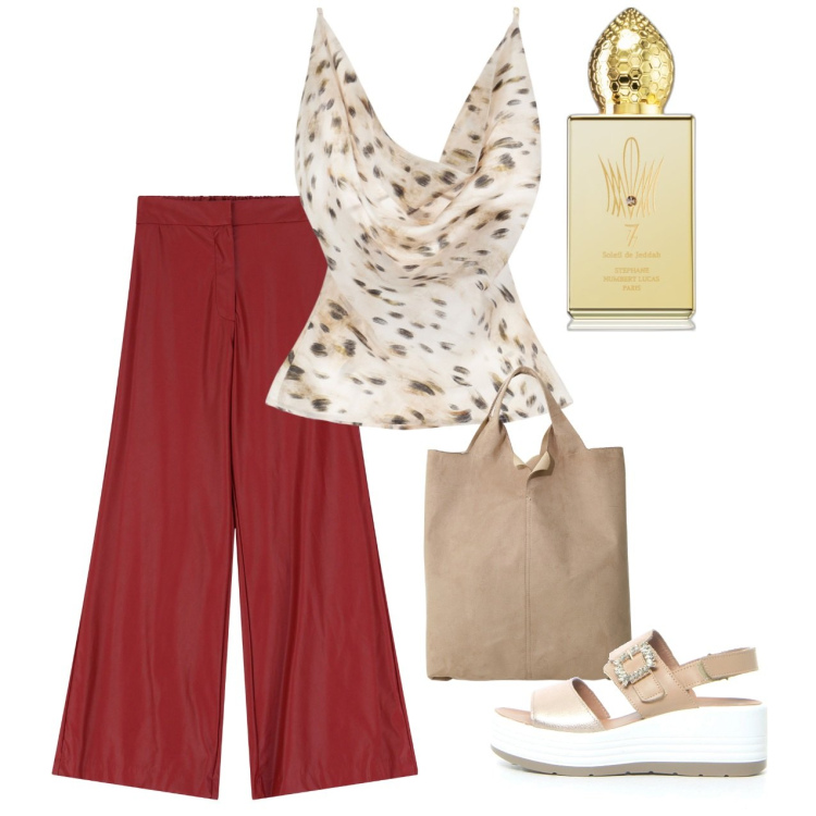 Outfit donna - Giugno. Stile Bon Ton per Tutti i giorni. Abbinamento con profumi, top, pantaloni a palazzo, shopping bag, sandali.