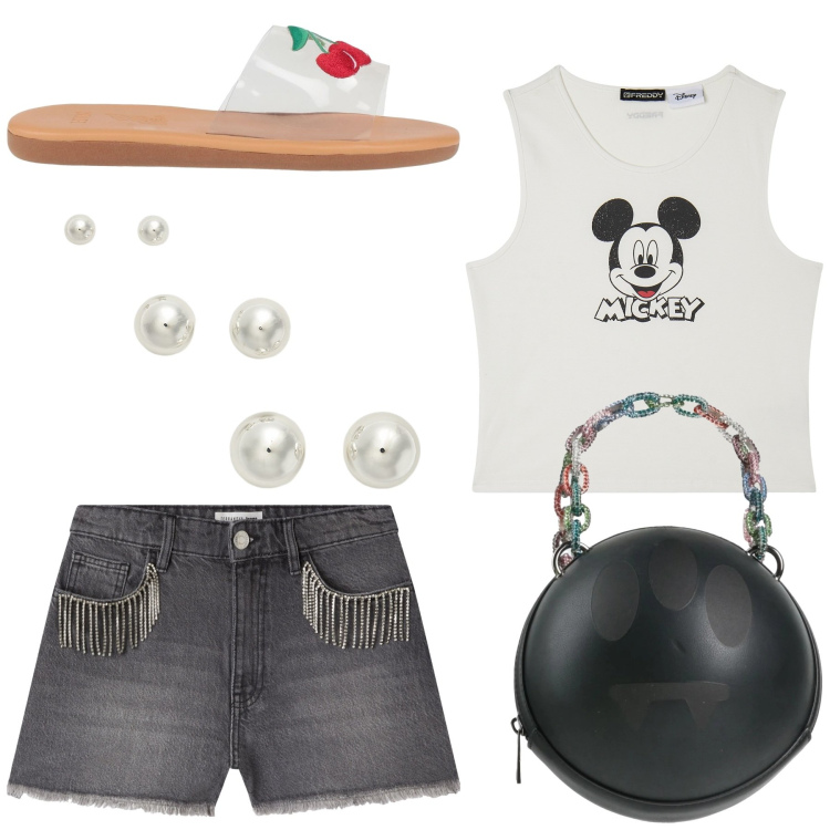 Outfit donna - Cherries. Stile Casual per Serata fuori. Abbinamento con borse a mano, sandali in pelle, shorts, canottiere, orecchini.