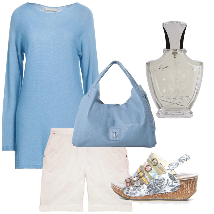 Outfit donna - Giugno. Stile Casual chic per Tutti i giorni. Abbinamento con pullovers, profumi, pochette, pantaloni corti, sandali col tacco.