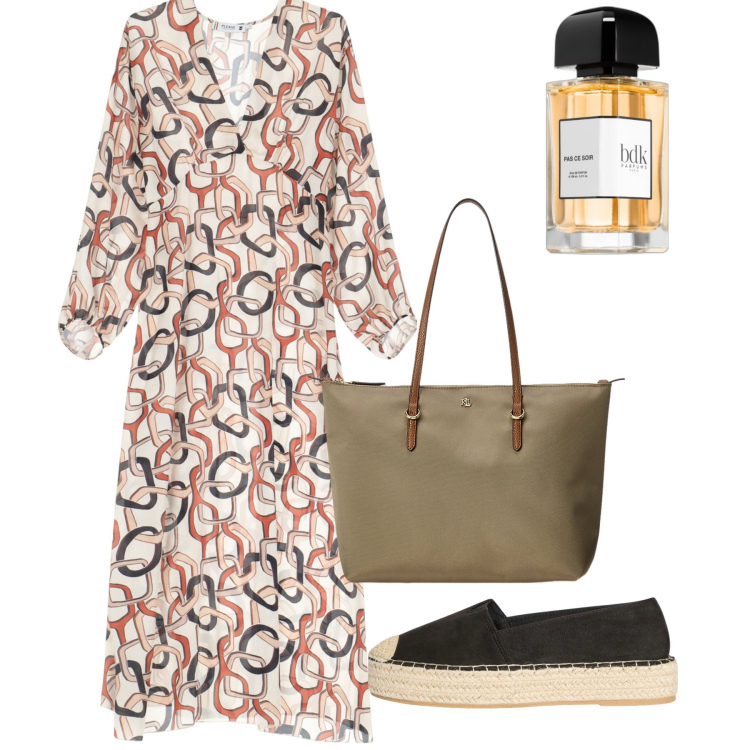 Outfit donna - Giugno. Stile Bon Ton per Tutti i giorni. Abbinamento con profumi, espadrillas, vestiti midi/longuette, borse tote.
