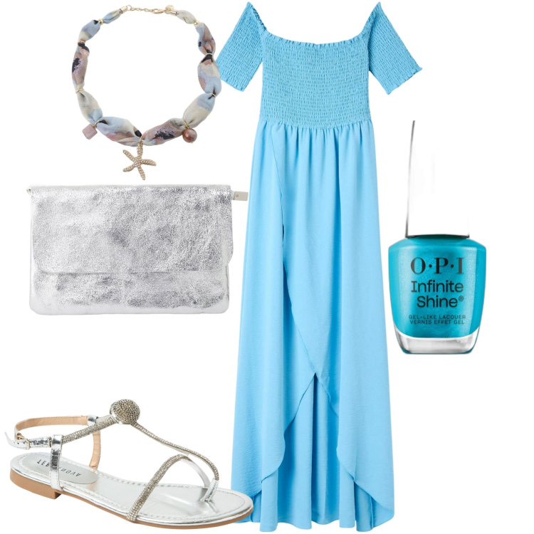 Outfit donna - Al mare. Stile Casual chic per Mare. Abbinamento con smalti, vestiti lunghi, ciabatte, borse a tracolla, collane.