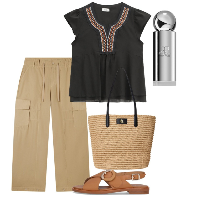 Outfit donna - Giugno. Stile Bon Ton per Tutti i giorni. Abbinamento con profumi, pantaloni cargo, top, borse tote, sandali.