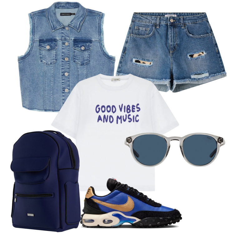 Outfit donna - Passeggiata in montagna. per Sport. Abbinamento con zaini, shorts, t-shirt, occhiali da sole, gilet, sneakers.
