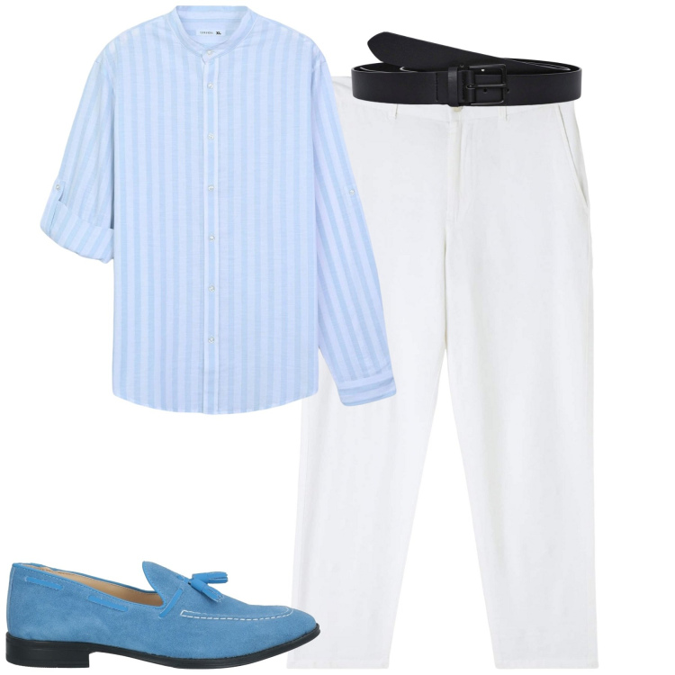 Outfit uomo - Aperitivo. Stile Trendy per Serata speciale. Abbinamento con scarpe stringate, camicie, pantaloni, cinture.