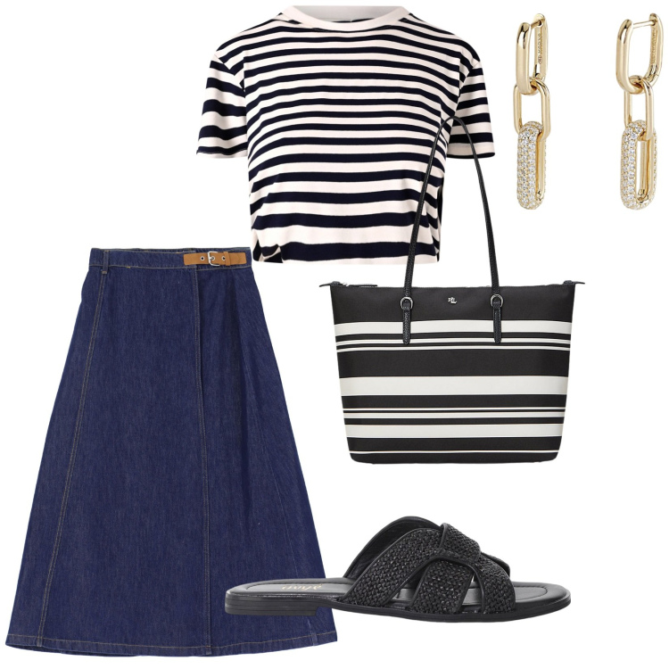 Outfit donna - Sabato pomeriggio. per Tutti i giorni. Abbinamento con sandali, orecchini, t-shirt, gonne lunghe, borse tote.