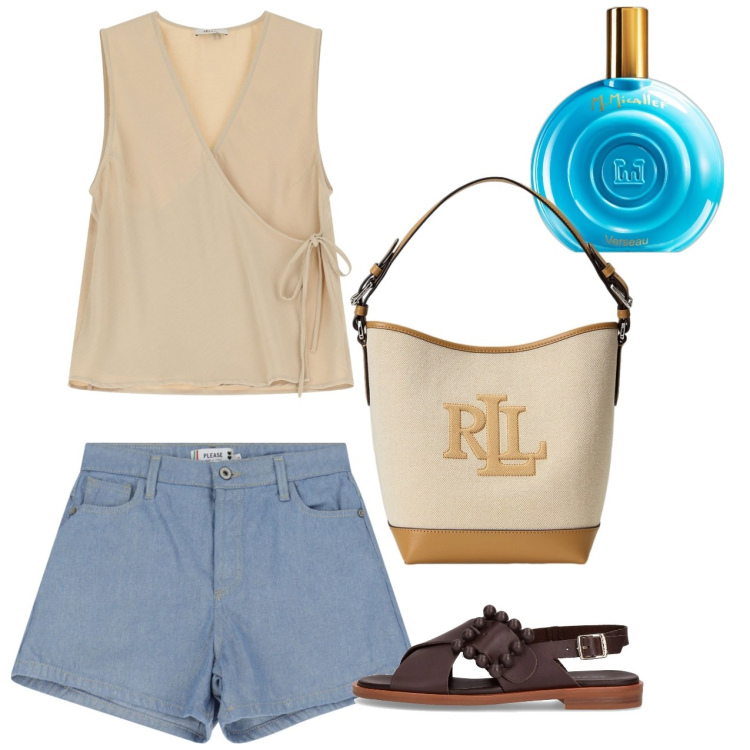 Outfit donna - Giugno. Stile Casual chic per Tutti i giorni. Abbinamento con profumi, shorts, top, borse a secchiello, sandali.