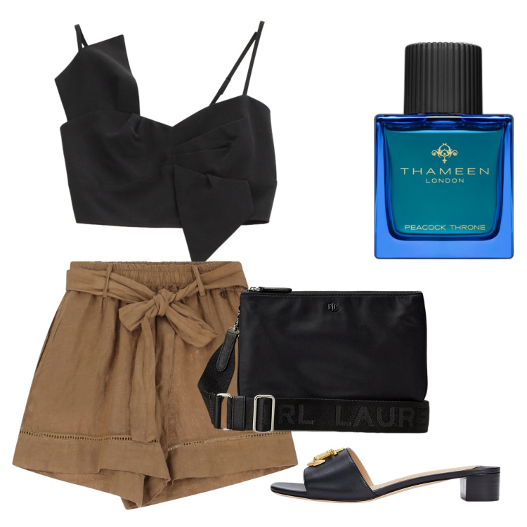 Outfit donna - Giugno. Stile Chic per Serata fuori. Abbinamento con profumi, shorts, top, borse a tracolla, sandali in pelle.