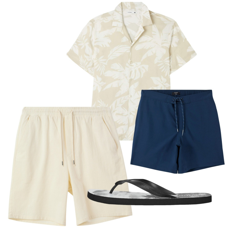 Outfit uomo - Mare. Stile Casual per Mare. Abbinamento con camicie a manica corta, costumi, sandali, pantaloni corti.