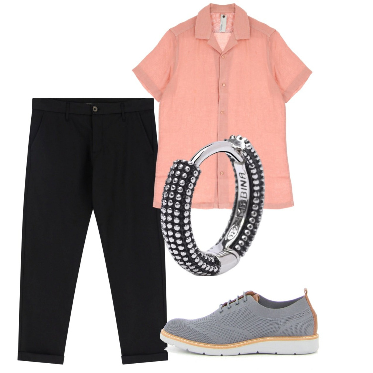 Outfit uomo - Giugno. Stile Casual per Tutti i giorni. Abbinamento con orecchini, camicie a manica corta, pantaloni chino, scarpe stringate.