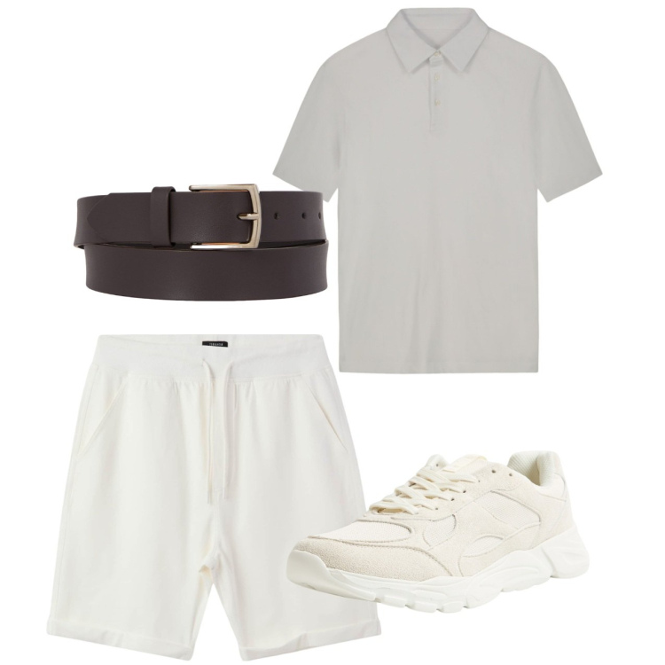Outfit uomo - Giugno. Stile Casual per Tutti i giorni. Abbinamento con sneakers, pantaloni corti, polo, cinture.
