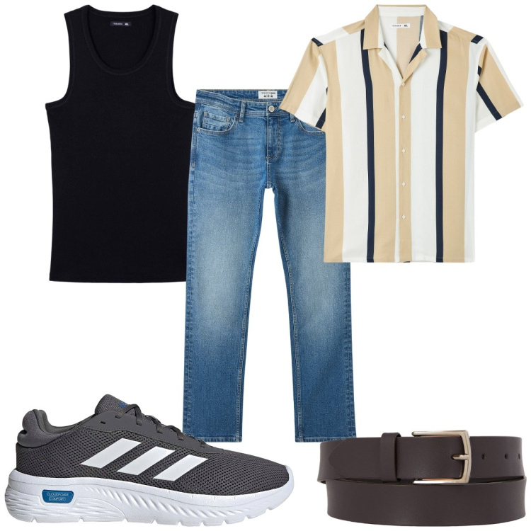 Outfit uomo - Total look #2189425. Stile Trendy per Tutti i giorni. Abbinamento con camicie a manica corta, jeans, canottiere, cinture, sneakers.