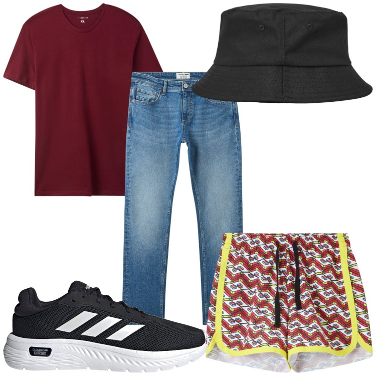 Outfit uomo - Total look #2189428. Stile Trendy per Mare. Abbinamento con costumi, jeans, t-shirt, cappelli, sneakers.