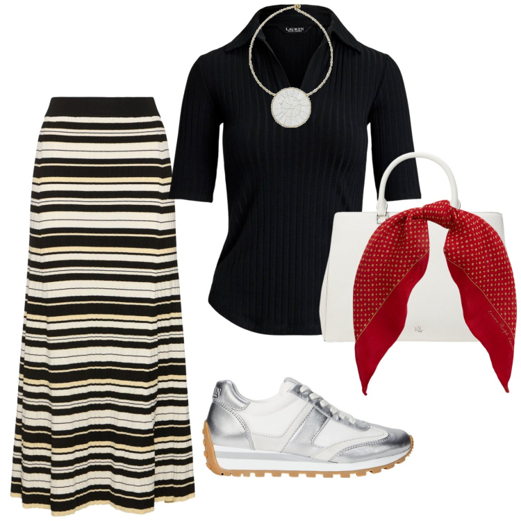 Outfit donna - A lavoro comoda. per Scuola/Università. Abbinamento con collane, sneakers, foulard, borse a mano, polo, gonne lunghe.
