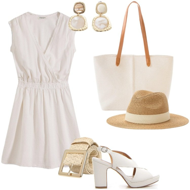 Outfit donna - Total look #2189434. Stile Casual chic per Tutti i giorni. Abbinamento con vestiti, shopping bag, cappelli, cinture, orecchini, sandali col tacco.