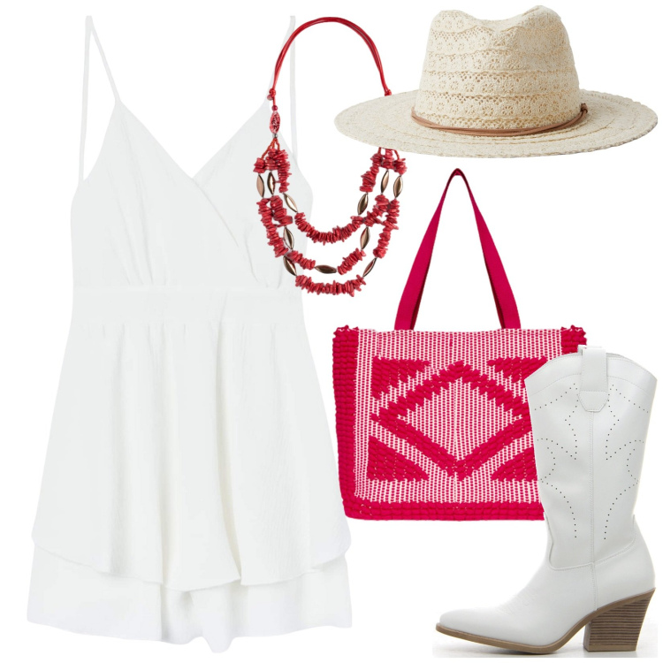 Outfit donna - Il bello del bianco. Stile Boho per Tutti i giorni. Abbinamento con cappelli, tuta corta, borse a mano, collane, stivali.