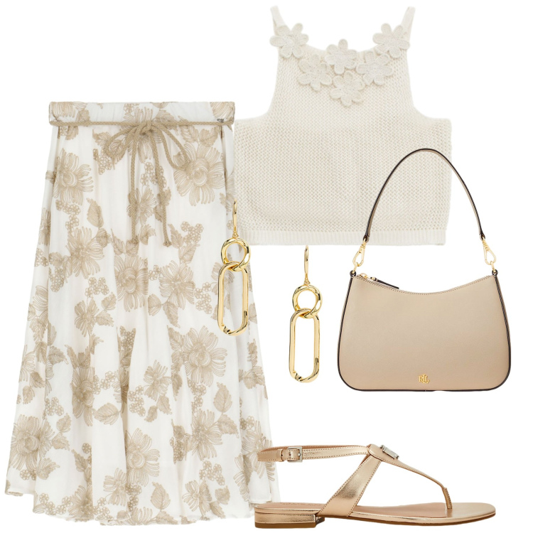 Outfit donna - Giugno. Stile Casual chic per Tutti i giorni. Abbinamento con borse a spalla, orecchini, sandali in pelle, gonne, top.
