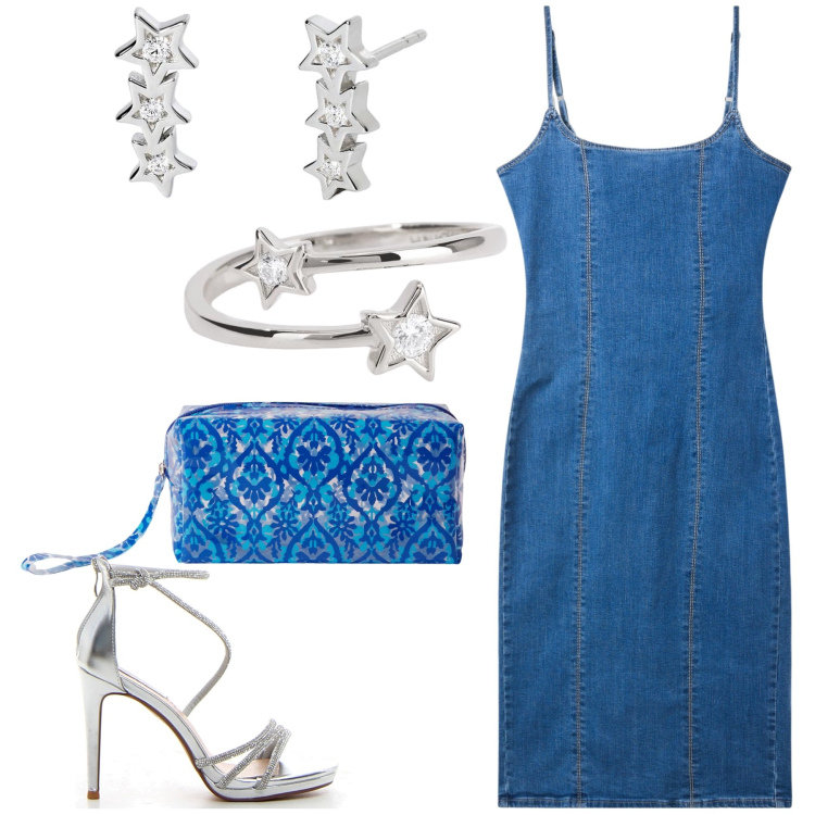 Outfit donna - Tubino jeans sotto le stelle. Stile Glamour per Serata fuori. Abbinamento con pochette, vestiti a tubino, orecchini, anelli, sandali col tacco.