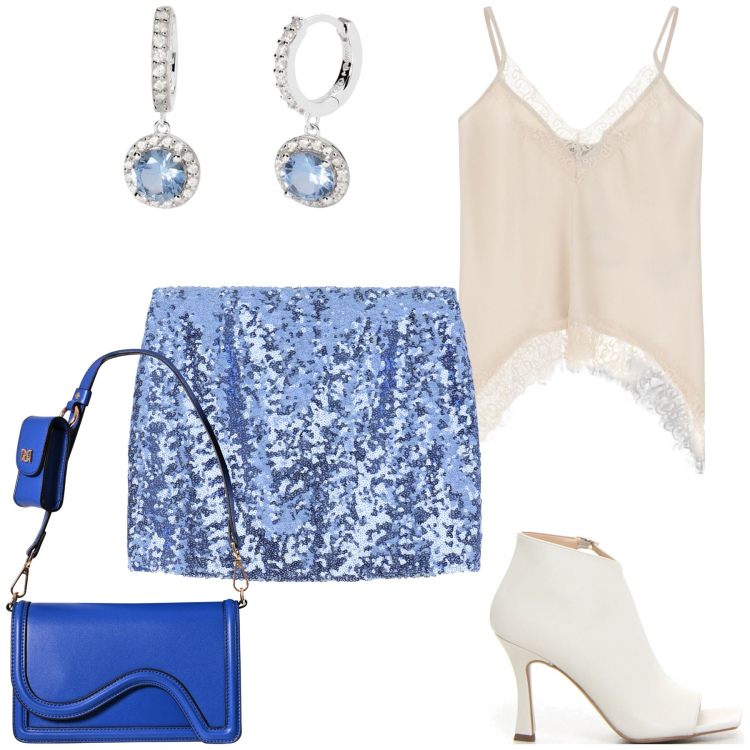 Outfit donna - Top lingerie e paillettes. Stile Sexy per Serata fuori. Abbinamento con orecchini, pochette, minigonne, top, sandali col tacco.
