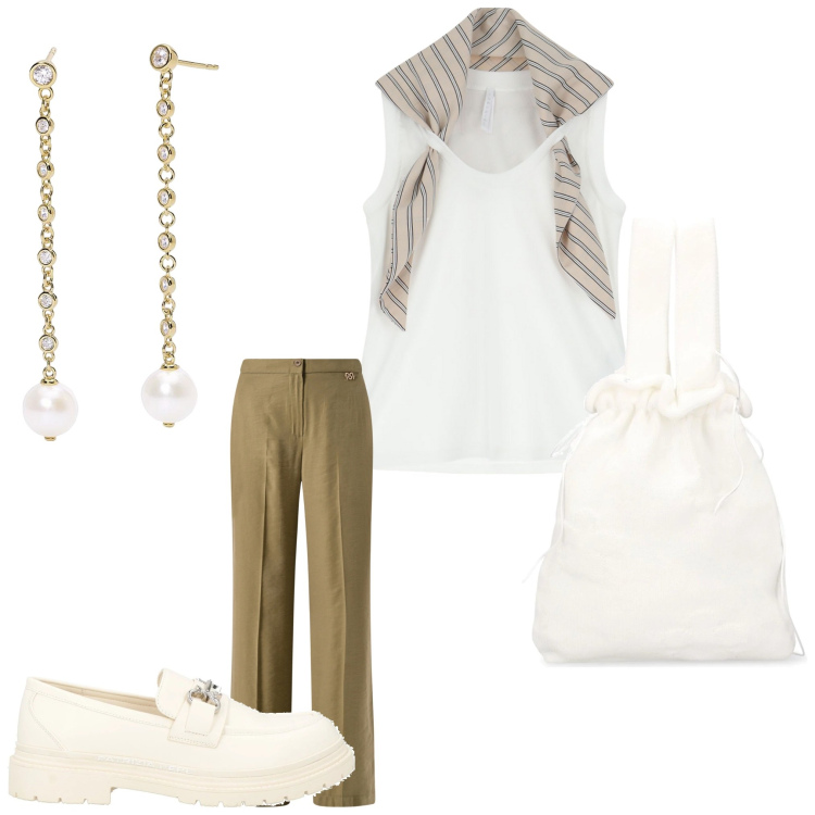 Outfit donna - Giugno al lavoro. Stile Casual chic per Ufficio. Abbinamento con mocassini, orecchini, pantaloni, top, borse a mano.