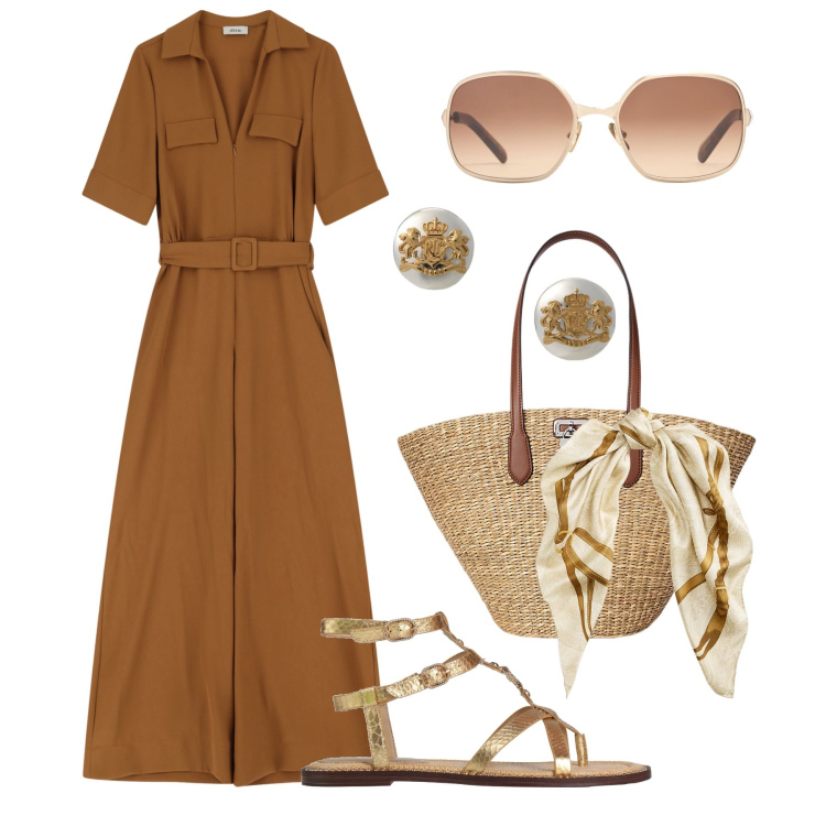 Outfit donna - Jumpsuite da mattina a sera. Stile Casual chic per Tutti i giorni. Abbinamento con infradito, tute, orecchini, foulard, borse tote, occhiali da sole.