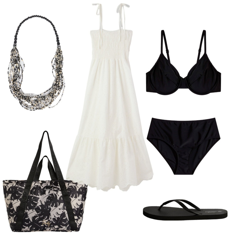 Outfit donna - Total look #2189490. Abbinamento con bikini, vestiti midi/longuette, infradito, shopping bag, collane.