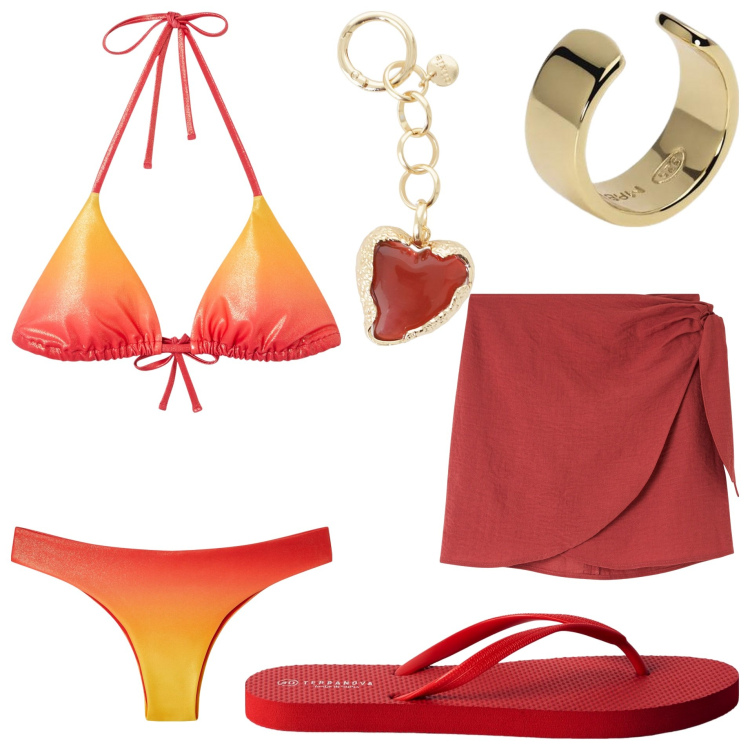 Outfit donna - Aperitivo al tramonto. Stile Glamour per Mare. Abbinamento con vestiti da spiaggia, infradito, bikini, bikini, orecchini, ciondoli.