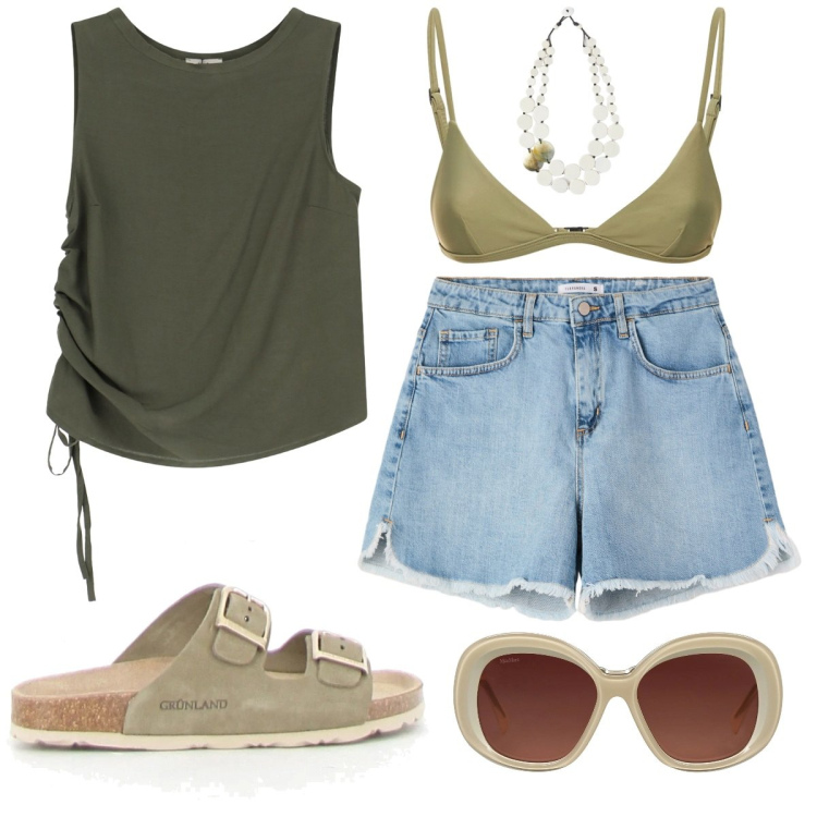 Outfit donna - Vacanze. Stile Basic per Mare. Abbinamento con occhiali da sole, shorts, top, bikini, ciondoli, ciabatte.