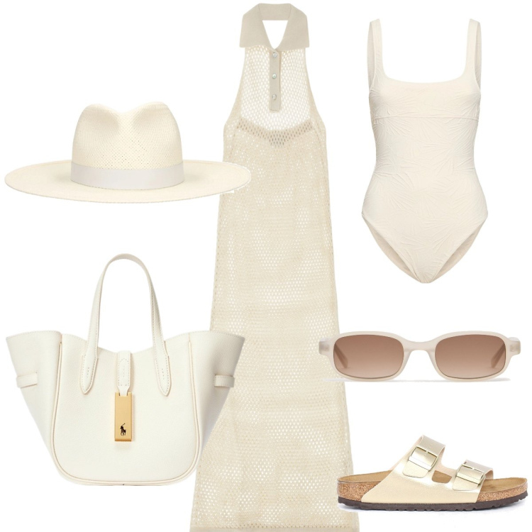 Outfit donna - In barca. Stile Chic per Mare. Abbinamento con vestiti lunghi, borse tote, costumi interi, occhiali da sole, ciabatte, cappelli.