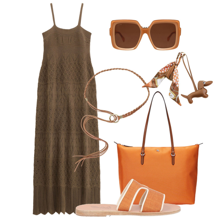 Outfit donna - Summer city crochet e rafia. Stile Urban per Tutti i giorni. Abbinamento con occhiali da sole, sandali in pelle, portachiavi, cinture, vestiti lunghi, borse tote.