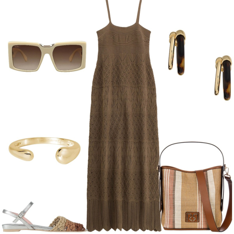 Outfit donna - In vacanza. Stile Boho per Tutti i giorni. Abbinamento con occhiali da sole, sandali in pelle, anelli, borse a secchiello, vestiti lunghi, orecchini.