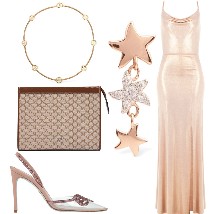 Outfit donna - Night party. Stile Glamour per Cerimonia. Abbinamento con décolleté, vestiti lunghi, orecchini, collane, pochette.