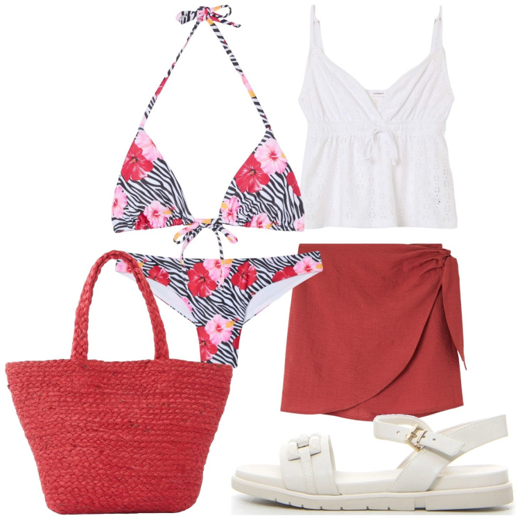 Outfit donna - Rosso e bianco. Stile Casual per Mare. Abbinamento con shopping bag, vestiti da spiaggia, canottiere, bikini, bikini, sandali.