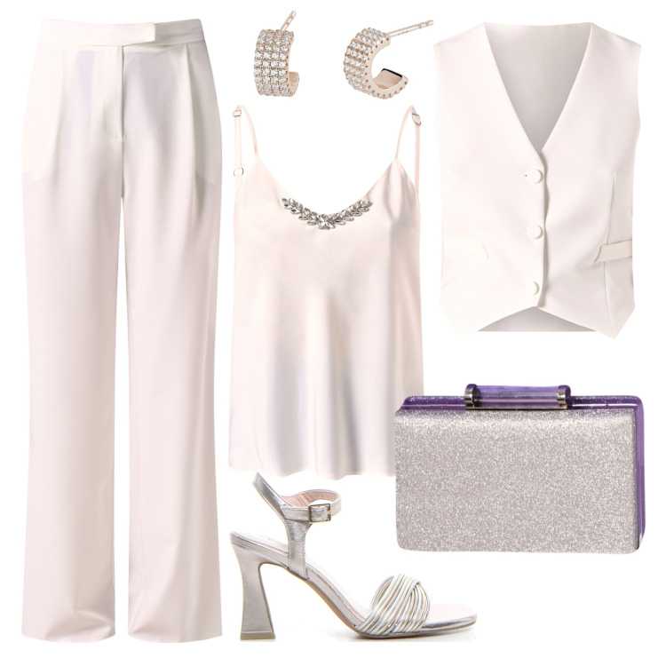 Outfit donna - Matrimonio in pantaloni. Stile Mannish per Cerimonia. Abbinamento con pantaloni, gilet, top, pochette, orecchini, sandali col tacco.
