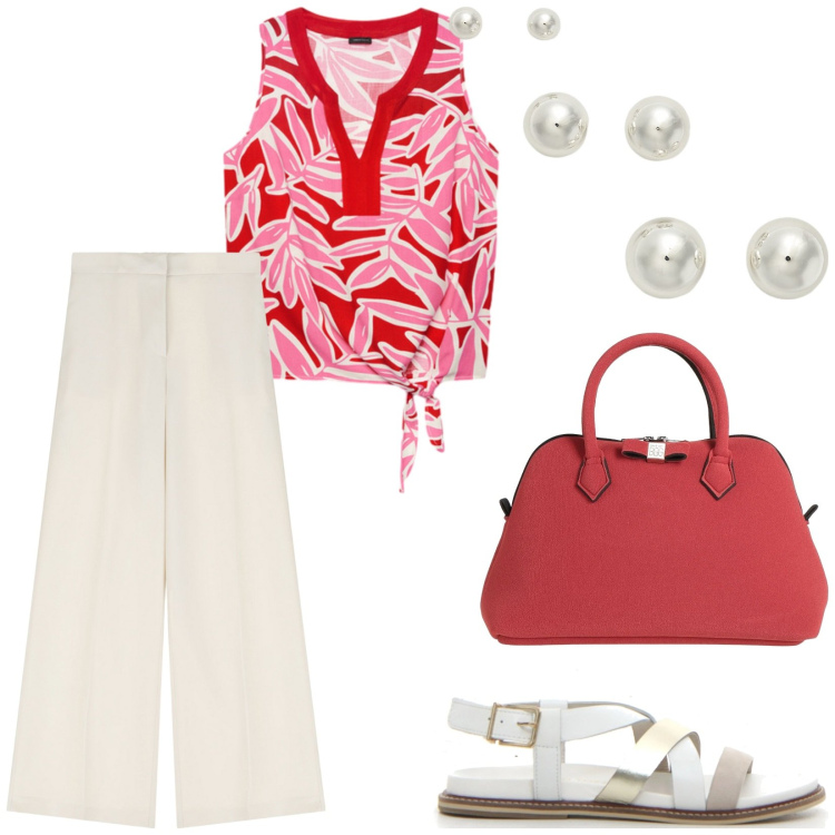 Outfit donna - Total look #2189551. Stile Casual per Ufficio. Abbinamento con borse a mano, pantaloni, orecchini, top, sandali.