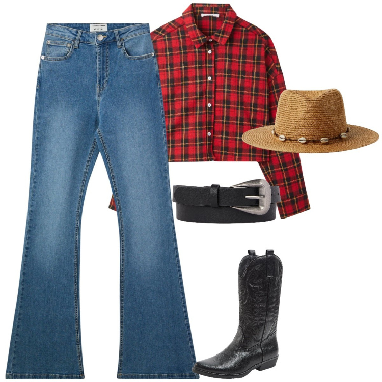 Outfit donna - Guarda la mia foto e capirai. Stile Casual per Tutti i giorni. Abbinamento con stivali, jeans a zampa, camicie, cappelli, cinture.