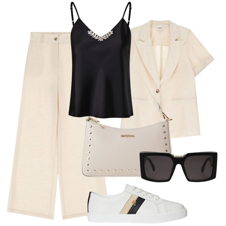 Outfit donna - Lavoro e serata d’estate. Stile Glamour per Ufficio. Abbinamento con occhiali da sole, canottiere, borse a spalla, pantaloni, blazer, sneakers.