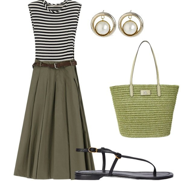 Outfit donna - A spasso per la citta. Stile Bon Ton per Tutti i giorni. Abbinamento con vestiti midi/longuette, sandali in pelle, borse tote, orecchini.