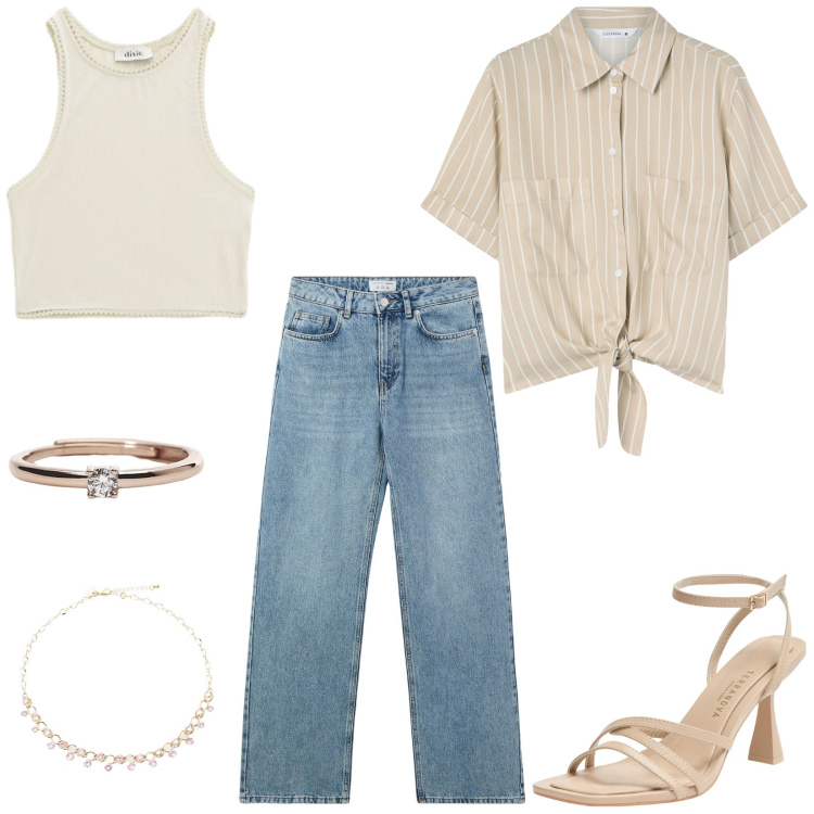 Outfit donna - vibes. Stile Casual per Serata fuori. Abbinamento con camicie a manica corta, sandali col tacco, jeans, anelli, collane, top.